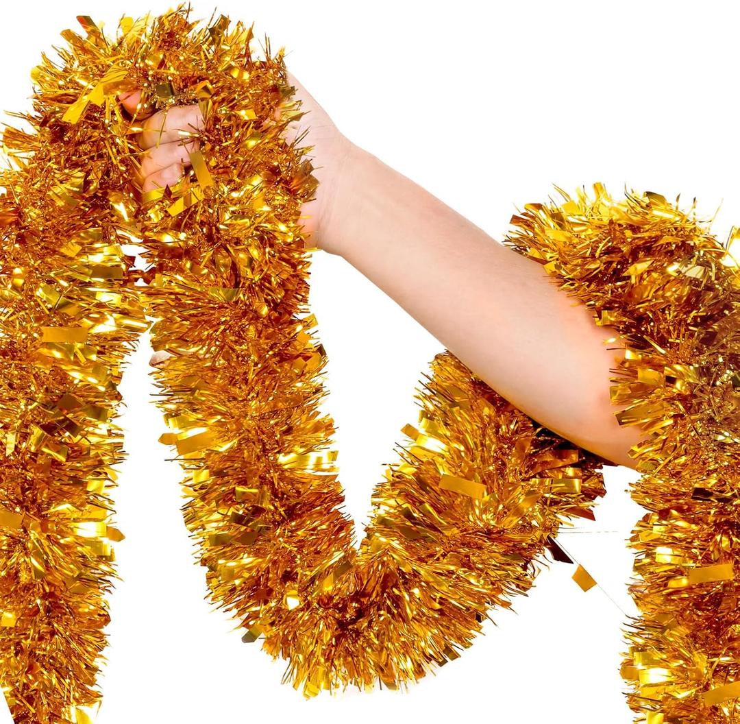 50Ft Gold Christmas Garland Decorations,Xams Tinsel Stems Non-Lit Soft Twist Garland Decor for Tree Stairs Railing Front Door Mantle Fireplace Indoor Outdoor Holiday Home