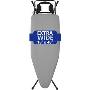 Extra-Wide Ironing Board  48"18" Large Surface (57" w/Iron Rest)  Built-in Clothes Rack, Hanger & Cord Holder  Heat-Resistant Cover  Heavy-Duty, No Wobble  Adjustable Height  Black Grey.