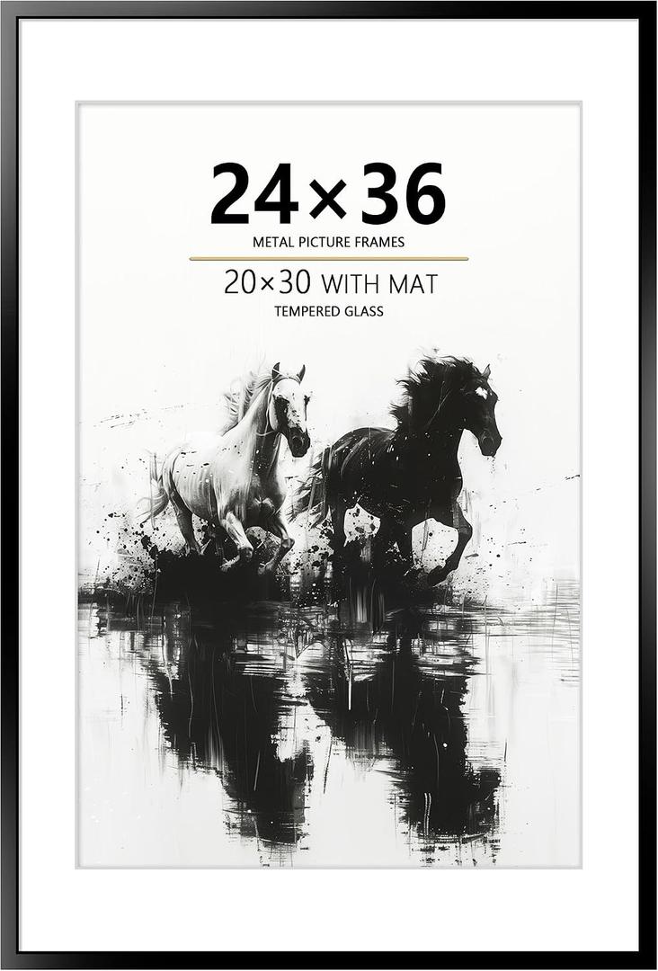 24x36 Metal Poster Frame, 24 x 36 inches Aluminum Picture Frame with Mat for 20x30 Photo, Tempered Glass Cover, Black Wall Hanging Photo Frame for Home Dcor