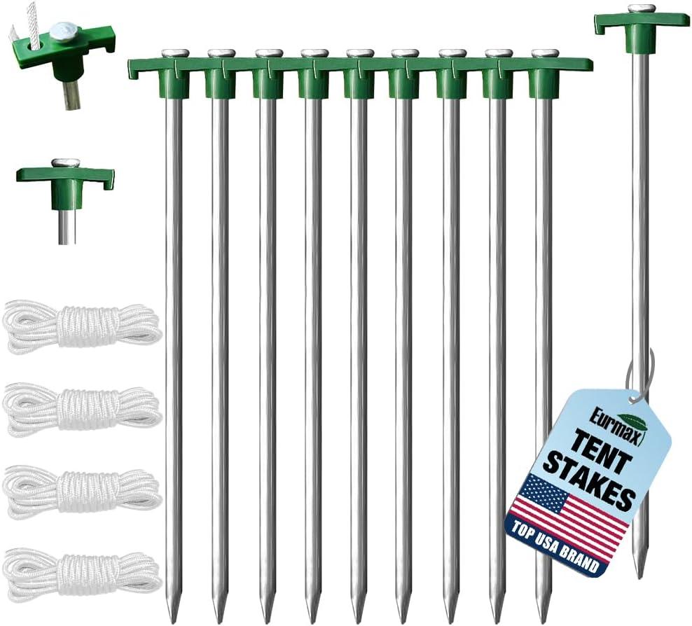 Eurmax USA 10-Pack Secure Protection Galvanized Tent Stakes,Rust-Proof Steel Canopy Anchors for High Winds,Heavy Duty Commercial Ground Pegs for Camping,Pop Up Tents&Gazebos - Includes 4x10ft Ropes