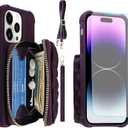 MONASAY Zipper Wallet Case Fit for iPhone 14 Pro, 6.1in [Glass Screen Protector ] [RFID Blocking] Flip Leather Handbag Phone Cover with Card Holder, Detachable Crossbody Lanyard Strap, Purple