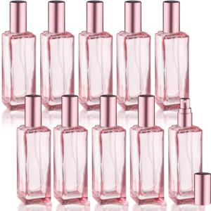 10 Pcs 30ml/1oz Glass Perfume Bottles Square Pink Glass Perfume Jars Empty Travel Size Spray Bottles Refillable Container with Rose Gold Lids for Essential Oil Liquid Cosmetic Cleaning