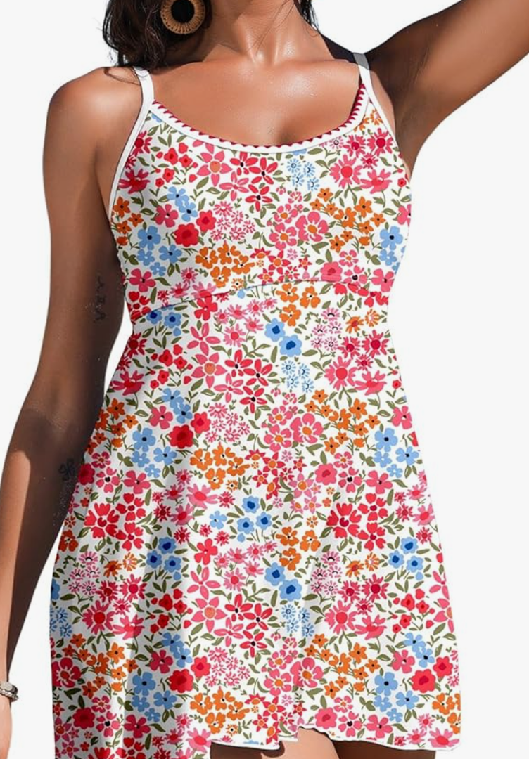Aleumdr Women's One Piece Swimsuit Floral Print Whip Stitch Tummy Control Swimdress Skirt Bathing Suit with Pocket Size M