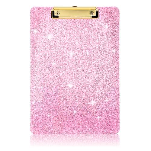 QFGasre Acrylic Glitter Clipboard, Sparkly Clip Board with Gold Clip A4 Letter Size 12.6 x 8.9 Inch Pink Clipboards for Teacher Classroom School Office Supplies Cute Desk Accessories, Pink
