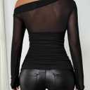 SweatyRocks Women's Off The Shoulder Sheer Mesh Long Sleeve Top Asymmetrical Neck Ruched Fitted Tees Shirt Tops (Black, L)