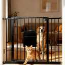 Pet Gate with Adjustable Cat Door, 31–46 Inch Pressure Mounted Dog Gate for Doorways, Stairs and Hallways, Auto Close Walk Through Metal Gate, No Drilling, Black, 29x30 inches