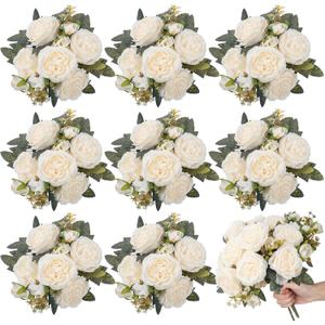 8 Bundles Artificial Peonies Flowers Boho Faux Flowers Arrangements Artificial Centerpiece Spring Bouquet Floral Wedding Decoration for Vase(Milk White)