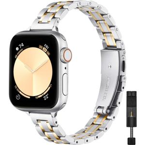 STIROLL Thin Replacement Band Compatible for Apple Watch 38mm 40mm 41mm 42mm(Series 11 10), Stainless Steel Metal Wristband Women Men for iWatch Ultra SE Series 9 8 7 6 5 4 3 2 1, Silver Gold