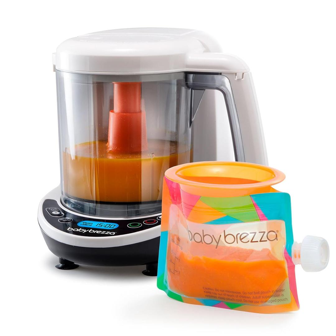Baby Brezza One Step Baby Food Maker Deluxe Auto shut Off, Dishwasher Safe Cooker and Blender to Steam + Puree Organic Food for Infants + Toddlers - Set of 3 Pouches + 3 Funnels