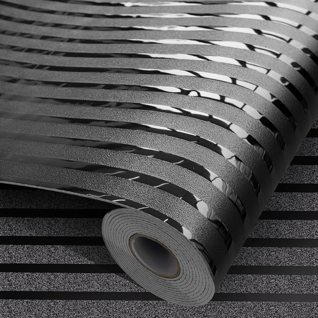Black Metallic Peel and Stick Wallpaper Glossy Stripe Texture Wall Panels