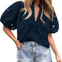BETTE BOUTIK Women's Long Short Sleeve Tops 2025 Dressy Casual Button Hollow Out Lace Embroidered Blouses Shirts (Blue, S)