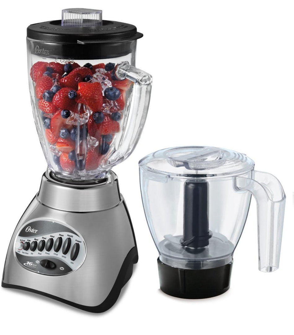 Oster Classic Series 16 Speed Blender with Food Chopper and Glass Jar, Brushed Nickel