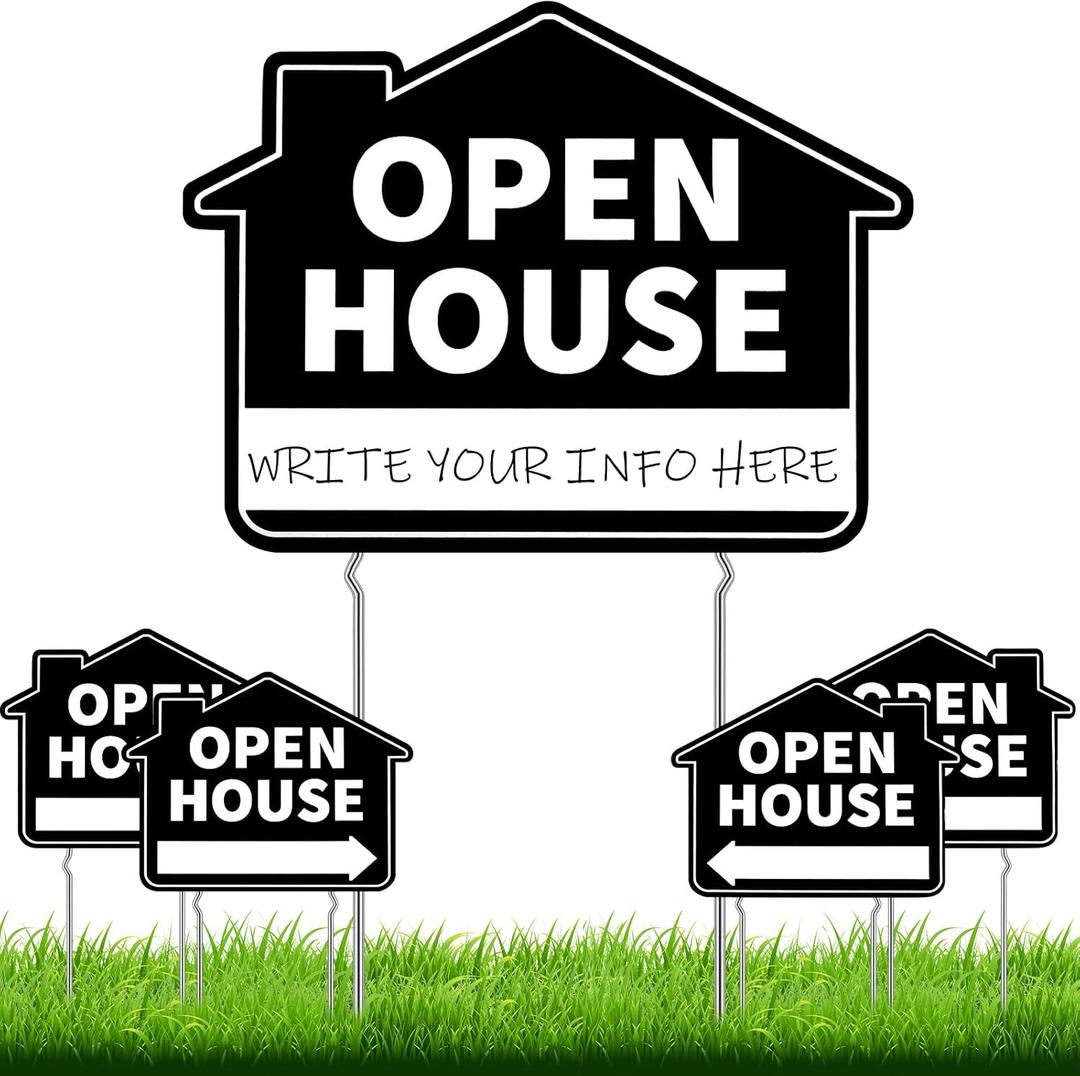 Queekay 5 Pack Black Open House Yard Signs with Metal Stakes for Real Estate 16" x 12" Large Black Double Sided Weather Proof Open House Signs with Directional Arrows Real Estate Agent Supplies
