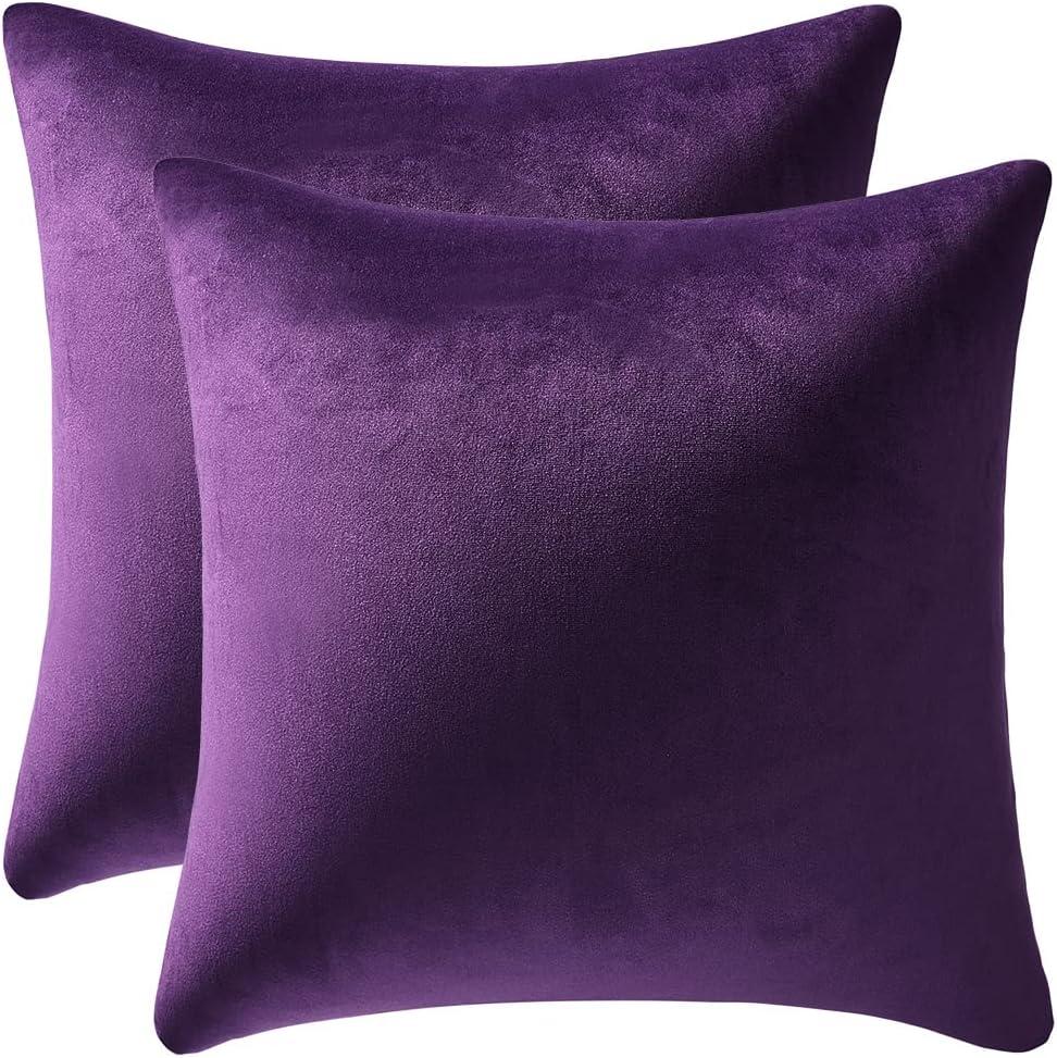 DEZENE Throw Pillow Covers 18x18 Purple: Pack of 2 Cozy Soft Velvet Square Modern Luxury Decorative Throw Pillow Cases for Sofa Couch Living Room Bed Home Decor