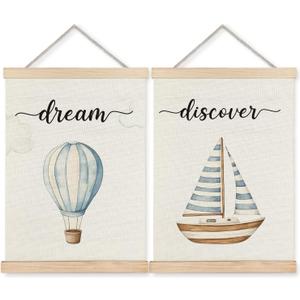 ignytiger Hot Air Balloon Boat Wall Art Decor, Baby Boy Nursery Wall Decor, Blue Boy Nursery Hot Air Balloon Decoration for Classroom Nursery Playroom Bedroom,12x16 Inches Set of 2
