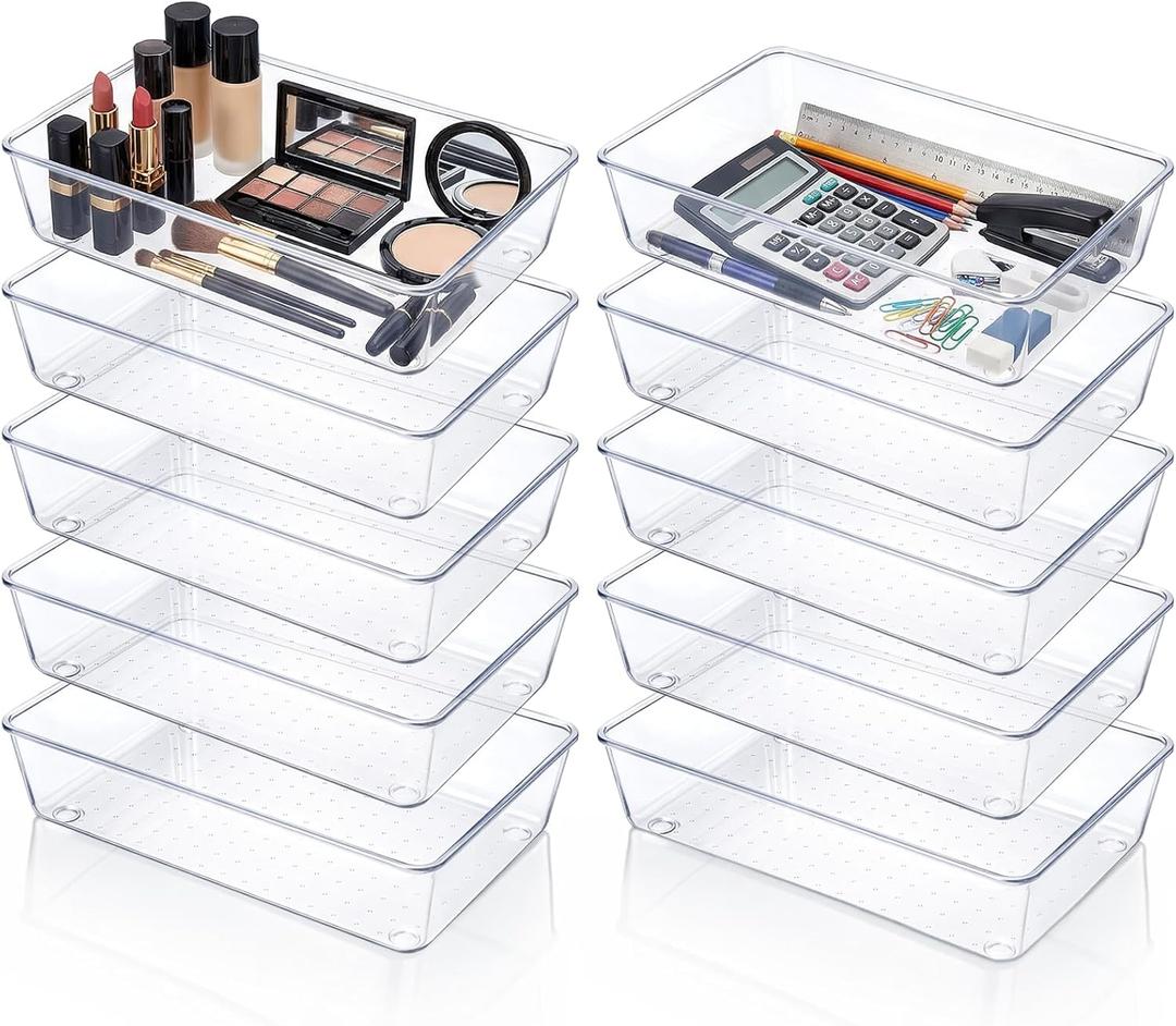 10 Pack Clear Plastic Drawer Organizer, 6" X 9" Acrylic Storage Bins with Non-Slip Pads, Acrylic Drawer Organizer Tray, Clear Desk Storage Tray for Makeup, Kitchen Utensils, Jewelry, Office, Bathroom
