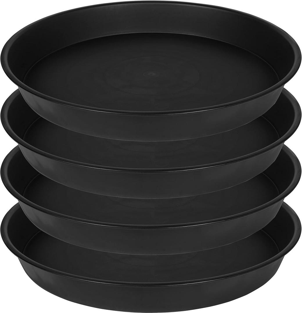 4 Pack of 16 inch Plant Saucer (13.5" Base), Heavy Duty Plastic Plant Tray for Pots, Flower Water Trays for Indoors, Bird Bath Bowls, Plant Drip Saucers for Planter 16" (Black)