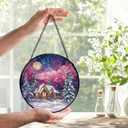 Winter Scene Christmas Suncatchers Stained Glass Window Hanging, Farmhouse Winter Landscape Sun Catchers Indoor Window Glass Round Wall Decor, Christmas Wall Hanging Decorations, 7.9x7.9in
