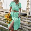 chouyatou Women's Summer Flutter Sleeve Midi Long Gingham Dress Plaid Button Down Shirt Dress (Green, XL)