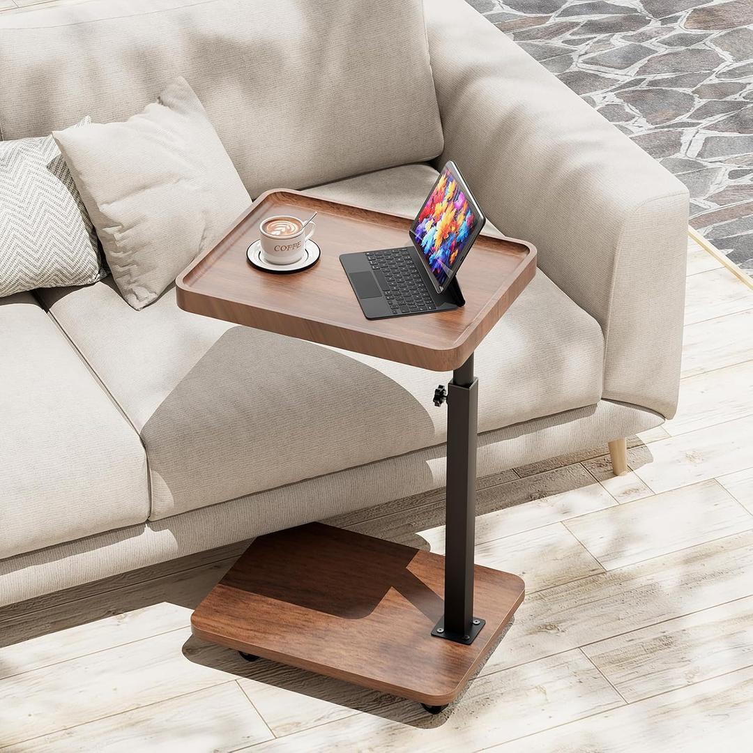 TV Tray Table for Eating, Sofa Armrest & 360 Swivel &Height Adjustable End Side Table for Couch, Snack Table for Sofa, Bedroom, Living Room, C Shaped End Table (Brown+Black)