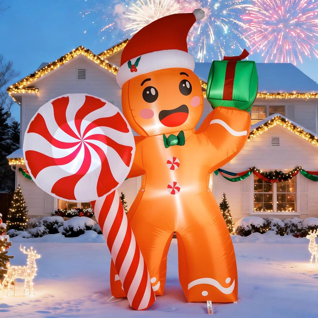 7FT Christmas Inflatable Gingerbread Man, Christmas Blow Up Yard Decorations with Build-in LED, Inflatable Christmas Decorations Outdoor for The Yard, Lawn, Garden