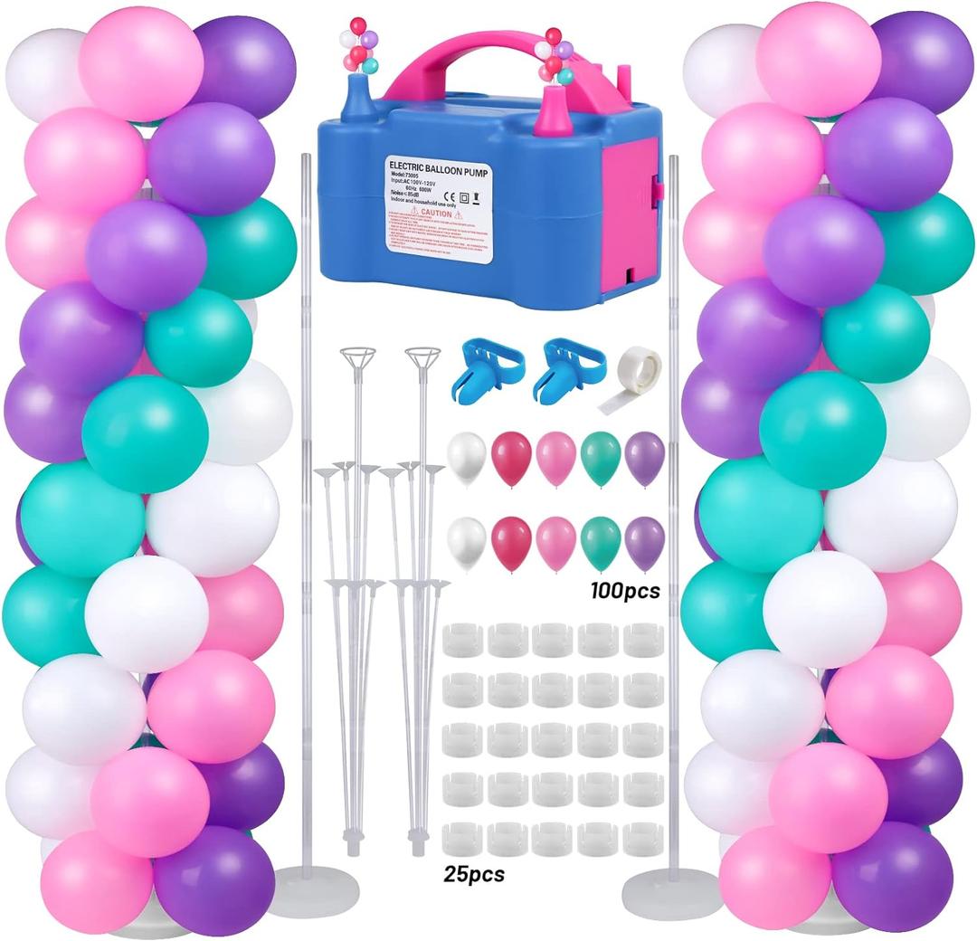 Gifts2U Balloon Column Stand and Balloon Pump, Electric Balloon Pump with 2 Sets 7Ft Ajustable Balloon Column Kits and 100 Pcs Balloons for Graduation Birthday Party Home Decoration (100-110V 600W) (Blue)