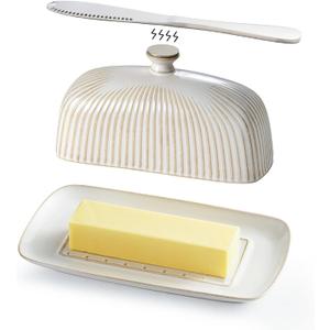 Getstar Ceramic Butter Dish with Lid and Stainless Steel Knife for Countertop, with Magnet to Attract Knife, Fit both West East Coast Butter
