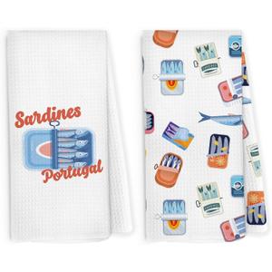 Sardine Fishing Kitchen Dish Towels 16x24 Inch Set of 2, Fish Themed Gifts for Women, Coastal Beach Sardine Tin Decorative Hand Towel Tea Towels for Kitchen Bathroom