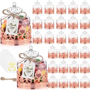30 Sets Mini Crown Candy Boxes with Thank You Tags and Twine Plastic Candy Storage Boxes for Wedding Baby Shower Princess Birthday Party Supplies(Rose Gold and Clear,Crown Style)
