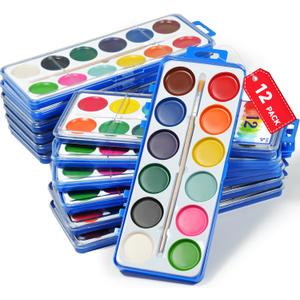 Washable Watercolor Paint Set for Kids, 12 Colors with Brushes  12 Pack Non-Toxic Watercolor Paints  Great for Classroom, Party Favors, Birthday Gifts