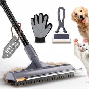 Carpet Rake for Pet Hair Removal - Reusable Dog & Cat Hair Remover with 58" Reinforced Steel Handle, 3-in-1 Professional Modular Rug Rake & Scraper Tool for Shag Rugs, Couch, Stairs (Gray)