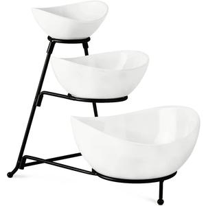 Gomakren 3 Tiered Oval Serving Bowl With Collapsible Metal Rack, Chip and Dip Serving Set, Dessert Appetizer, Candy, Fruit, Vegetable Bowl Set, White Serving Bowls For Entertaining (Black Stand)