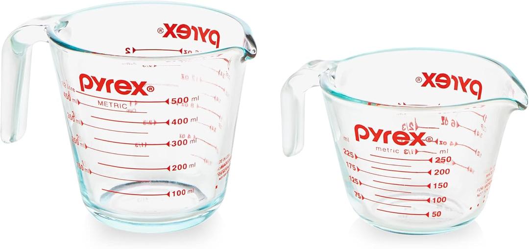 Pyrex Essentials (2-Pack) Glass Measuring Cups Set, (1 & 2 Cup) Measuring Cups For Prepping, Baking and Cooking, Preheated Oven, Dishwasher, Freezer, and Microwave Safe