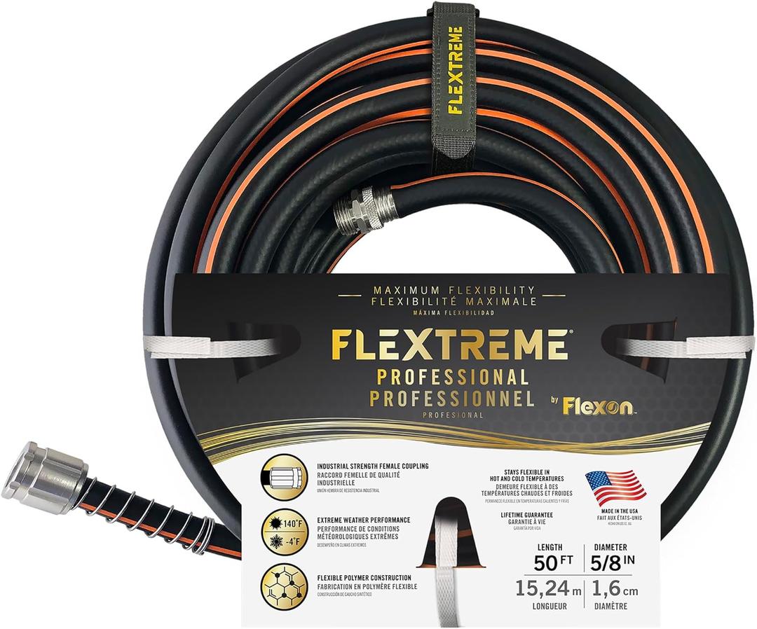 Flexon Flextreme Pro 5/8" x 50ft Performance Rubber Garden Hose  Heavy-Duty, Kink-Resistant, All-Weather Flexibility, Industrial-Grade Couplings, Durable Outdoor Watering Hose for Lawn & Garden (50 ft.)