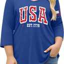 Plus Size 4th of July Shirts Women 250th Anniversary USA Shirt 1776 American Flag Patriotic Tee V Neck 3/4 Sleeve Tops (5XL, Blue)