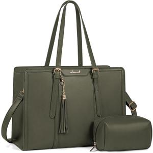 LOVEVOOK Laptop Bag for Women - 15.6 inch Lightweight PU Laptop Tote, Large Capacity Computer Bag with Clutch Purse for Business, Work, Travel, School, Casual (Olive Green, 15.6 Inch)