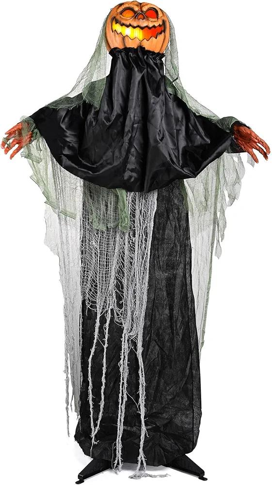 5.41ft Standing Animatronic Pumpkin, Halloween Trick Ghastly Pumpkin, Sound & Sensor Activated with Creepy Sound, Ghost-Like Hands, Flashing Red Lights, Haunted House Spooky Decor Horror Prop