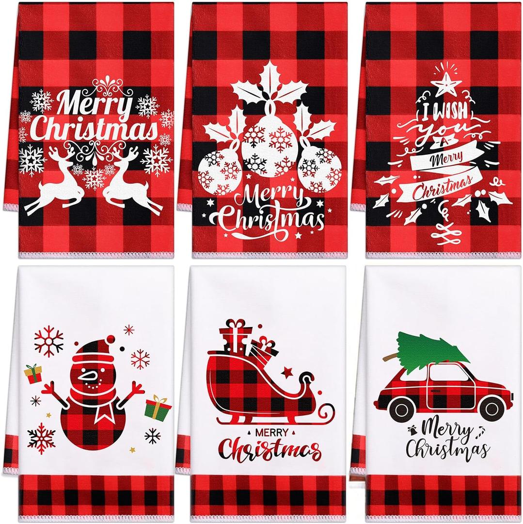 Tatuo 6 Pieces Christmas Decorative Hand Towels Embroidered Santa Reindeer Snowman Christmas Tree Dish Towels Soft Fabric Bathroom Towel for Home Kitchen Bathroom Cleaning (Grids Style)