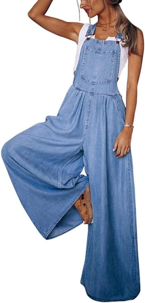 CHOUYATOU Women's Loose Adjustable Strap Wide Leg Denim Bib Overalls Baggy Distressed Jean Overalls Pants (Blue, M)