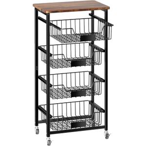 Fruit Basket, 5-Tier Utility Kitchen Organizer and Storage Cart with Pull-Out Baskets and Wood Top, Rolling Pantry Kitchen Cart on Wheels for Fruit Potato Onion Vegetable Snack Produce (Black)