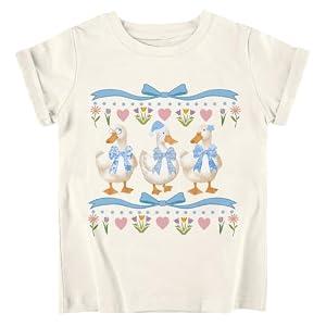 Funnycokid Little Girls Shirt Size 6 7 Kids Yellow Tees Gooses Animal Children Cute T-Shirt Graphic Short Sleeve Clothes Tops, Size 6/7