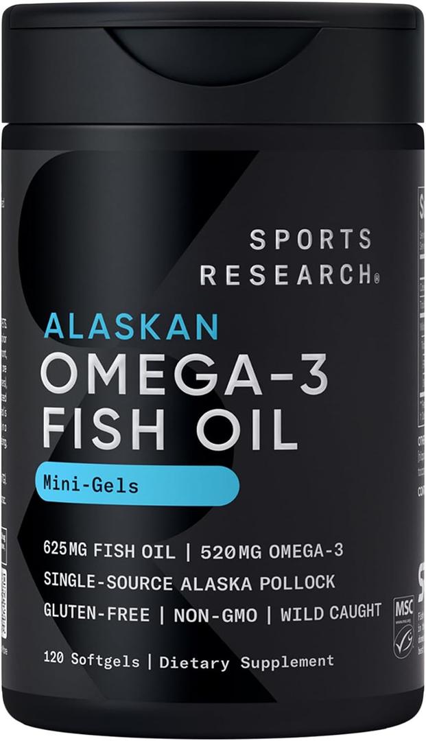 Sports Research Omega-3 Fish Oil Mini-Softgels - Sourced from Wild Caught Alaska Pollock - Burpless, Bovine Free, Non-GMO, & MSC Certified Sustainable - 120 Count