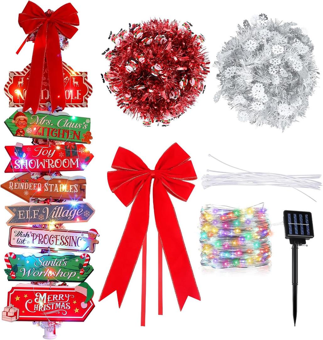 Colingmill Christmas Lamp Post Light Decorations with 8 Merry Christmas Yard Wooden Signs 16.4ft 50led Solar Light String 2 Xmas Tinsel Garlands Red Velvet Bow for Outdoor Holiday Post Lamp Yard Decor