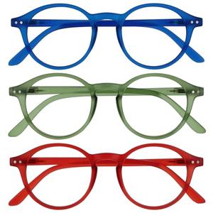 OPULIZE REY Reading Glasses for Women Men, Retro Round Frame with Spring Hinges, Matte Blue, Green, Red +2.50 (Pack of 3)
