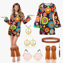 Jinei Women's 60s 70s Hippie Costume Hippie Outfit for Women Disco Dress Set Retro Accessories Halloween Party, Large
