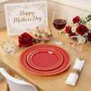WDF Partyware 350Pieces Red Plastic Plates with Gold Rim Include 50Dinner Plate 10inch 50Dessert Plate 7inch 50 gold Cups 9 OZ, 50 Pre Rolled Napkins for Party/Baby Shower/Wedding/Spring/Mother's Day