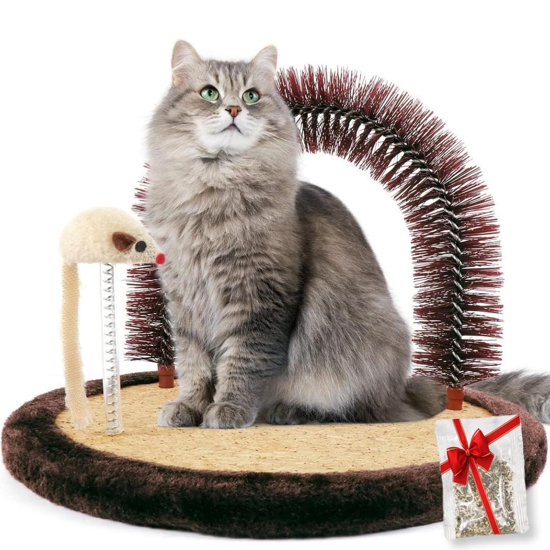 Happi N Pets Original Cat Self Groomer, Arch Grooming Brush wtih Heavy Wooden Scratching Pad, Rubbing Post & Toy, Cat Face Scratchers Body Massager, Cat Scratchers for Indoor Cats, Brown (M for kittens-Cork covered)