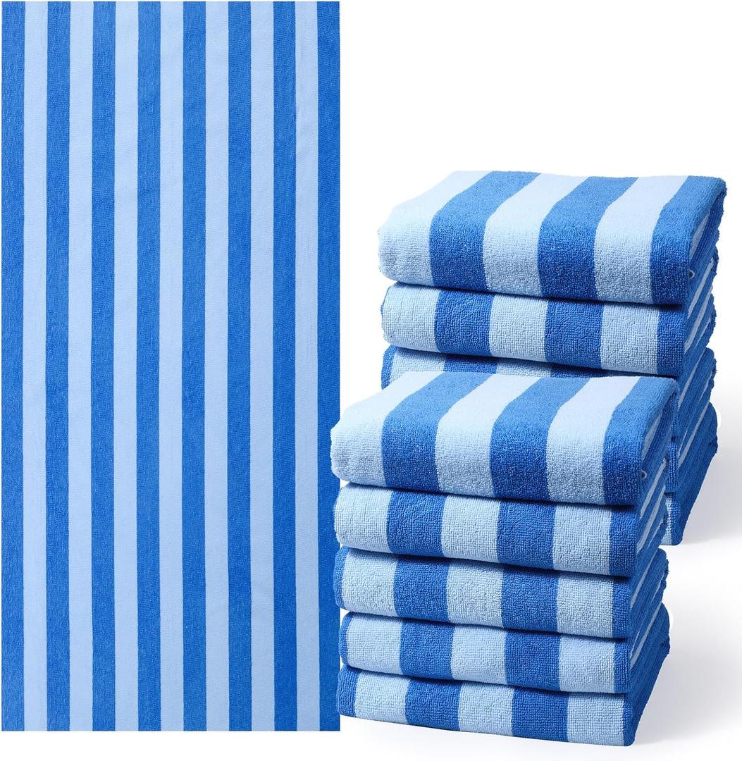 EBOOT 10 Pack Oversized Beach Towel Set Extra Large Pool Towels Microfiber Quick Dry Swim Blanket for Adult Women Men Face Hand Body Bath Travel Pool(Blue,28 x 59 Inch,Stripe)