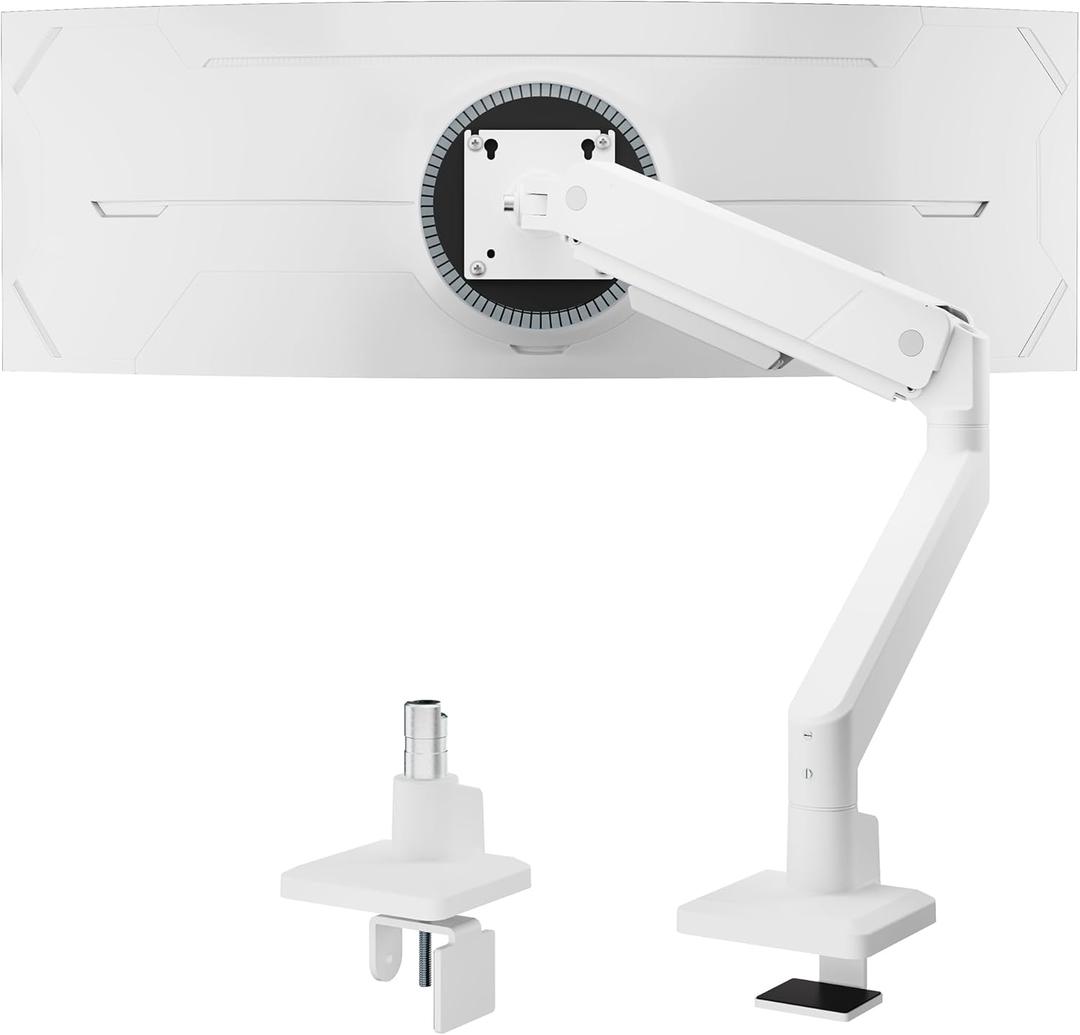 monTEK Single Monitor Arm for Max 45 Inch Ultrawide Screens Adjustable Monitor Desk Mount Holds 35 Lbs Cable Management with C Clamp/Grommet Desk Mount, VESA 75/100mm (White)