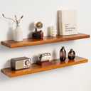 36 Inch Teak Floating Shelves Set of 2 - Solid Natural Wood Wall Mounted Shelves with Invisible Brackets - Heavy Duty Waterproof Storage for Bathroom, Kitchen, Living Room & Outdoor